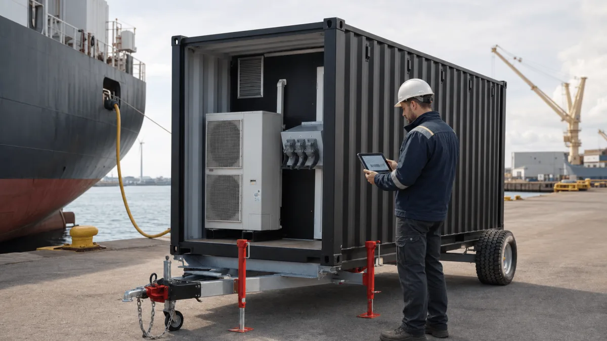 En havneingeniør tjekker ShoreSupply-forbruget på en tablet foran den åbne container.