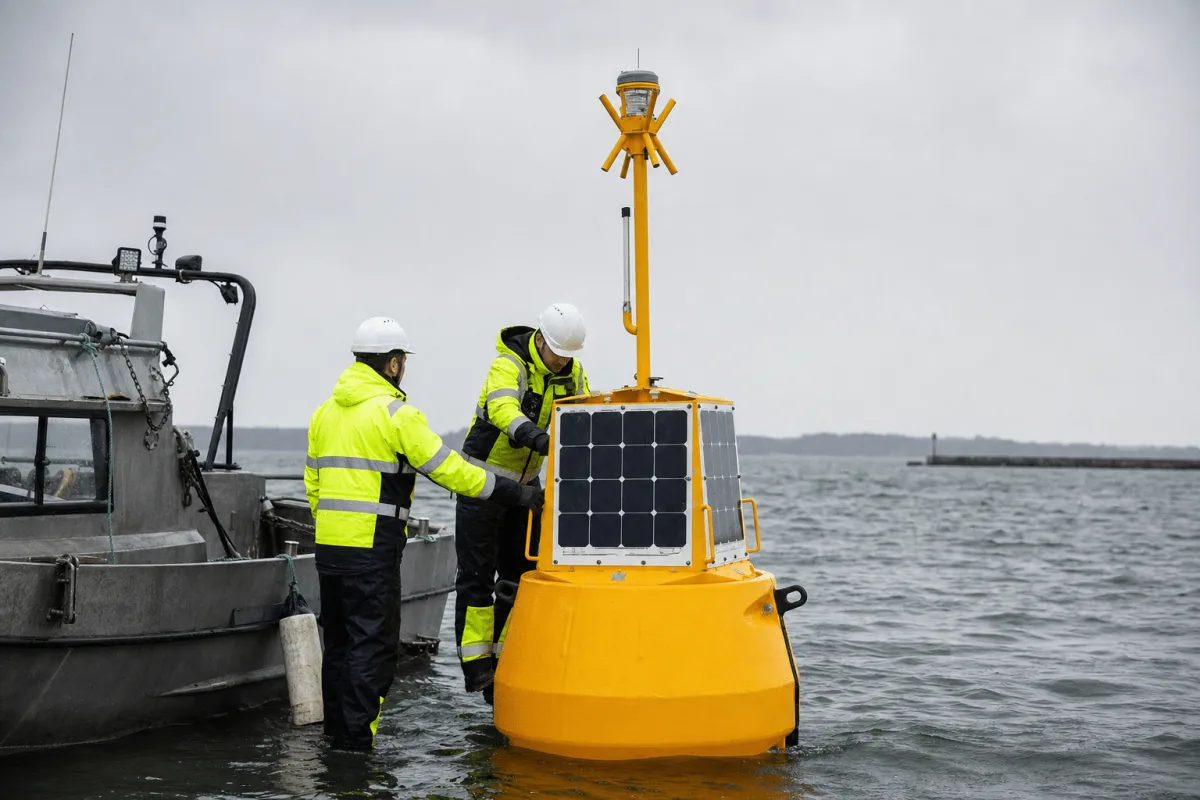 To marineteknikere servicerer Toughboy-målebøjen fra en arbejdsbåd i overskyet vejr.