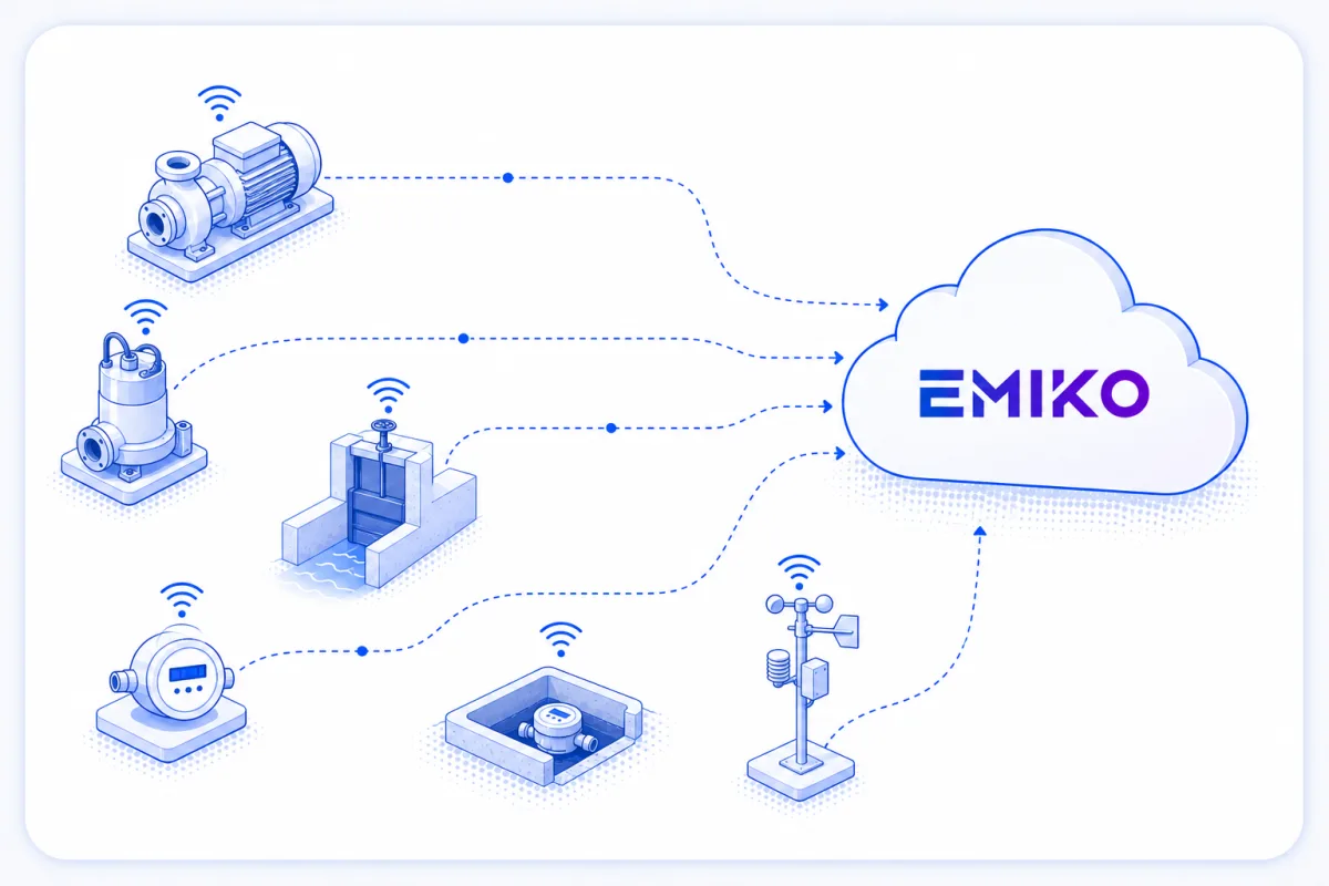 Illustration af pumper, porte, målere og en vejrmast forbundet med stiplede linjer til EMIKO-skyen.
