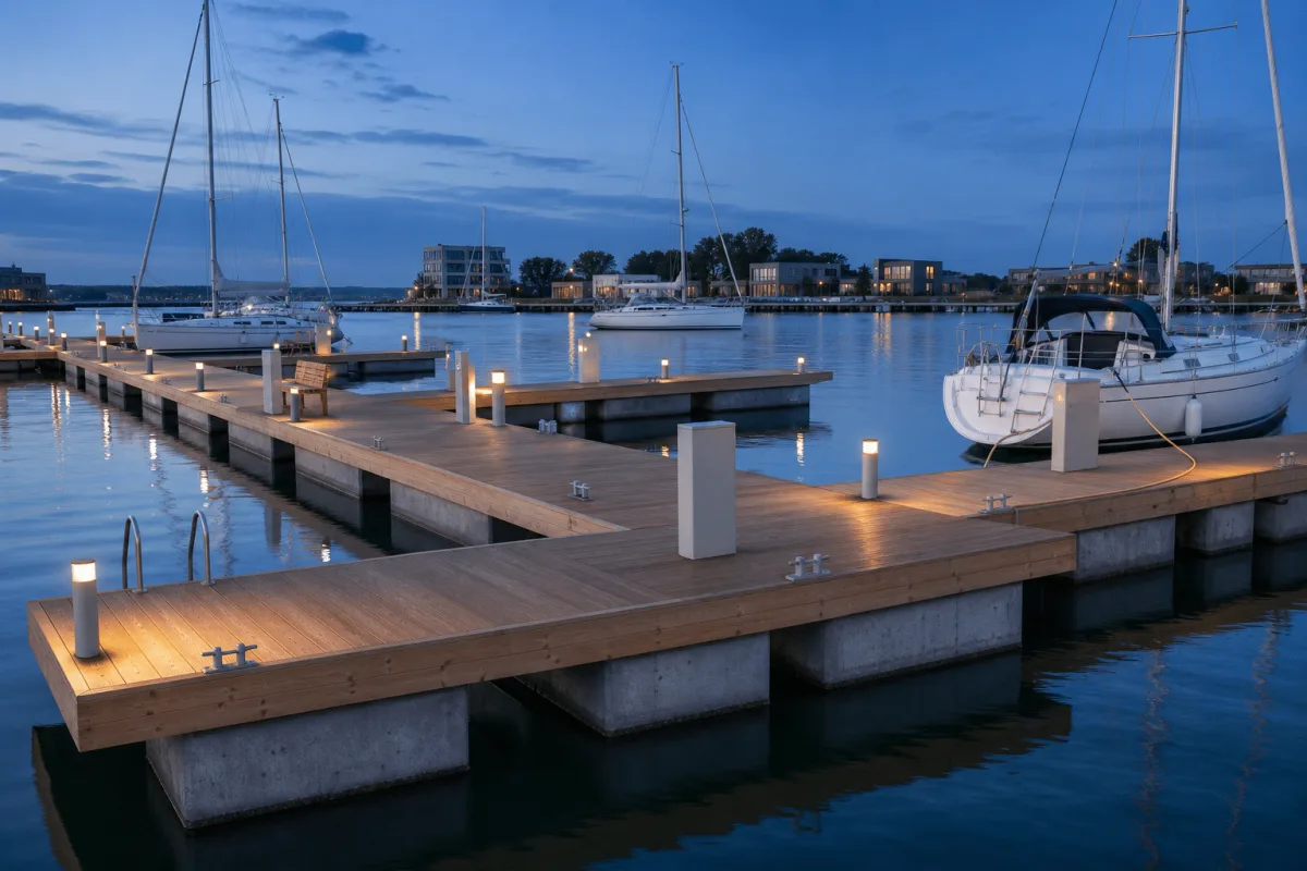 Vikingegaarden wooden and concrete floating pontoons support an integrated marina with mooring fingers, lighting, utilities, a ladder and a bench at blue hour.