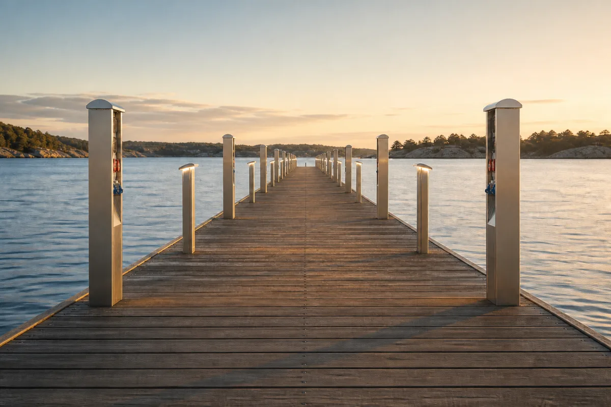Supply pedestals along both edges of a wooden pier at dusk