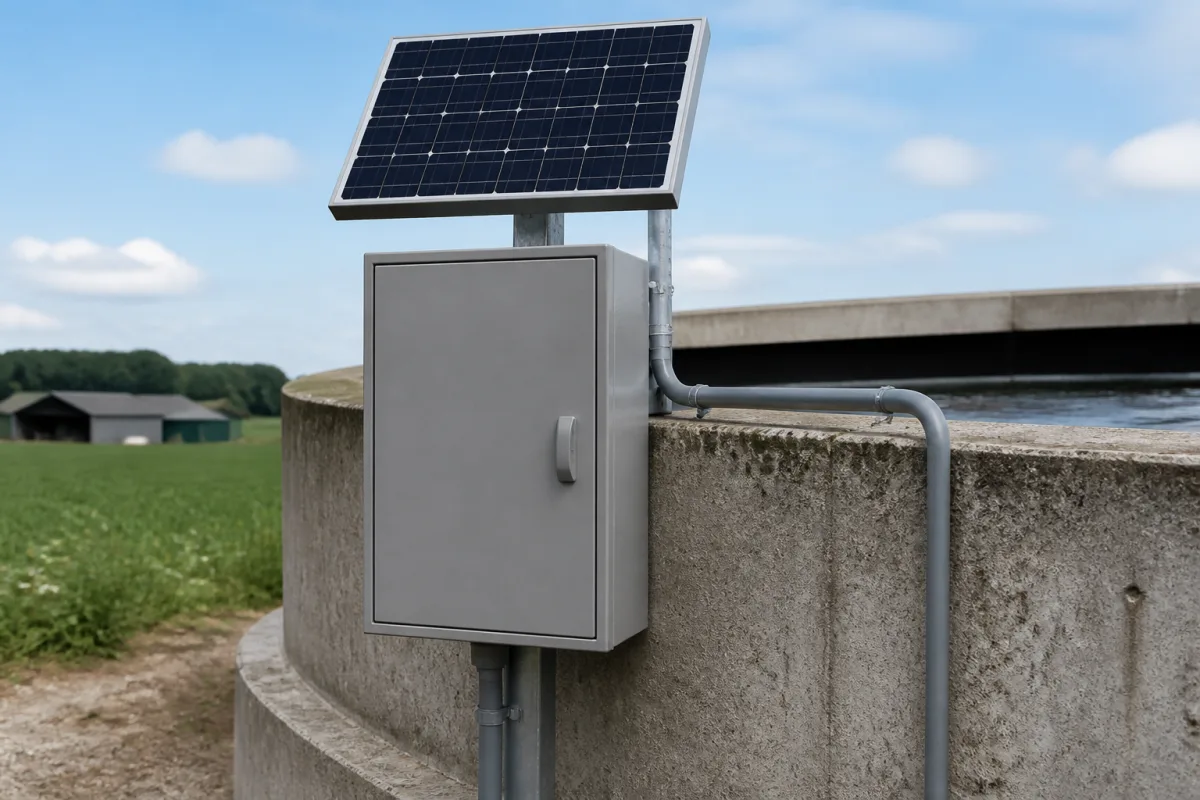 The closed grey cabinet with solar panel and probe conduit at the slurry tank wall.