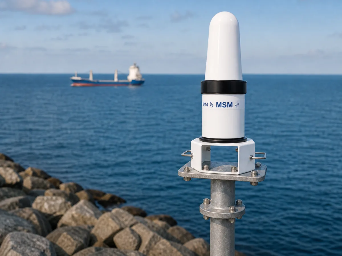 Radar beacon bracket-mounted near the top of a mast on a rocky breakwater, with a ship passing behind.