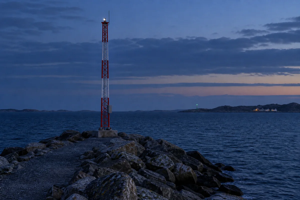MarineGuard mast on a breakwater at dusk with its navigation lantern and another marker far down the coast.
