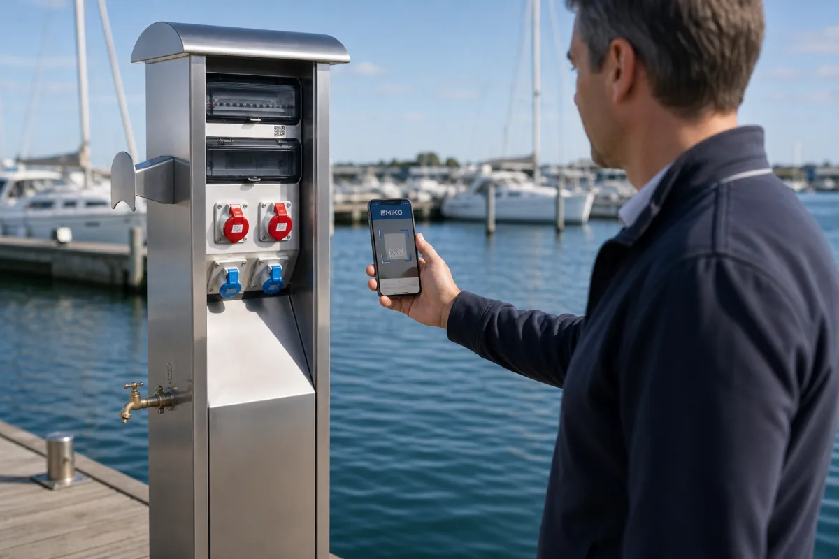 A boat owner scans the QR code on a Marinella NEO pedestal with the EMIKO app on his phone.