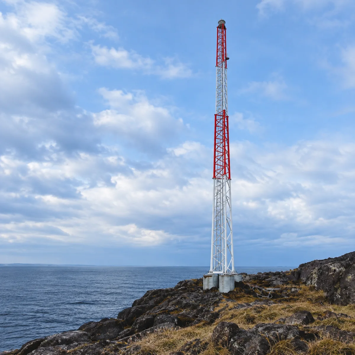 MarineGuard mast on the rocks at the edge of the sea, the whole red and white lattice standing from its concrete footings up to the lantern.