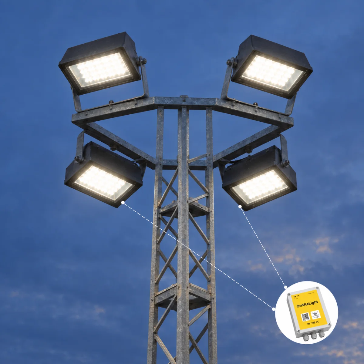 De fire projektører på en galvaniseret gittermast set tæt på mod den blå aftenhimmel, med OnSiteLight-styringen vist ved siden af.