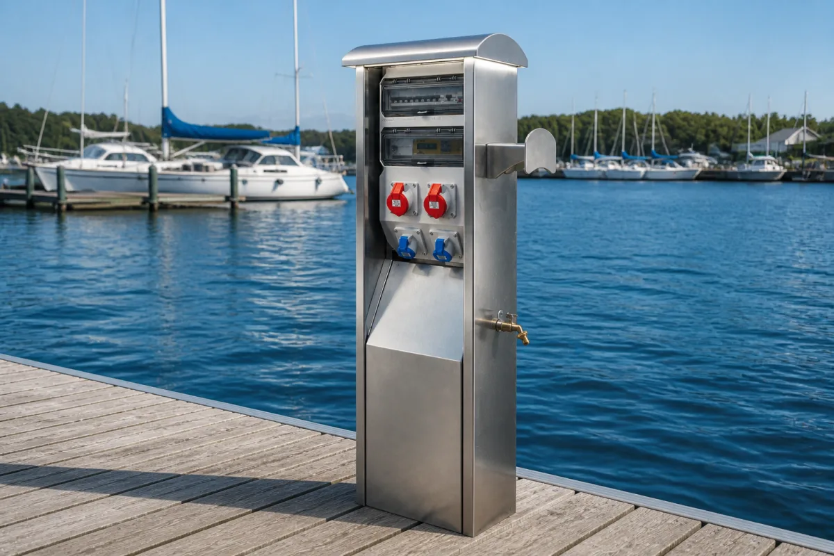 A Marinella NEO pedestal at the pontoon edge with boats behind it