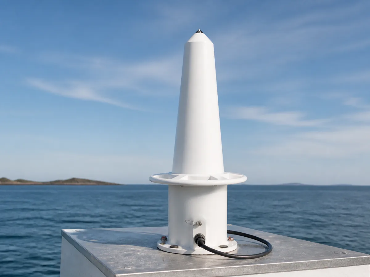 Seabeacon 2 System 6 marine racon, a tall white cone with flared skirt base, mounted on a platform by the sea.