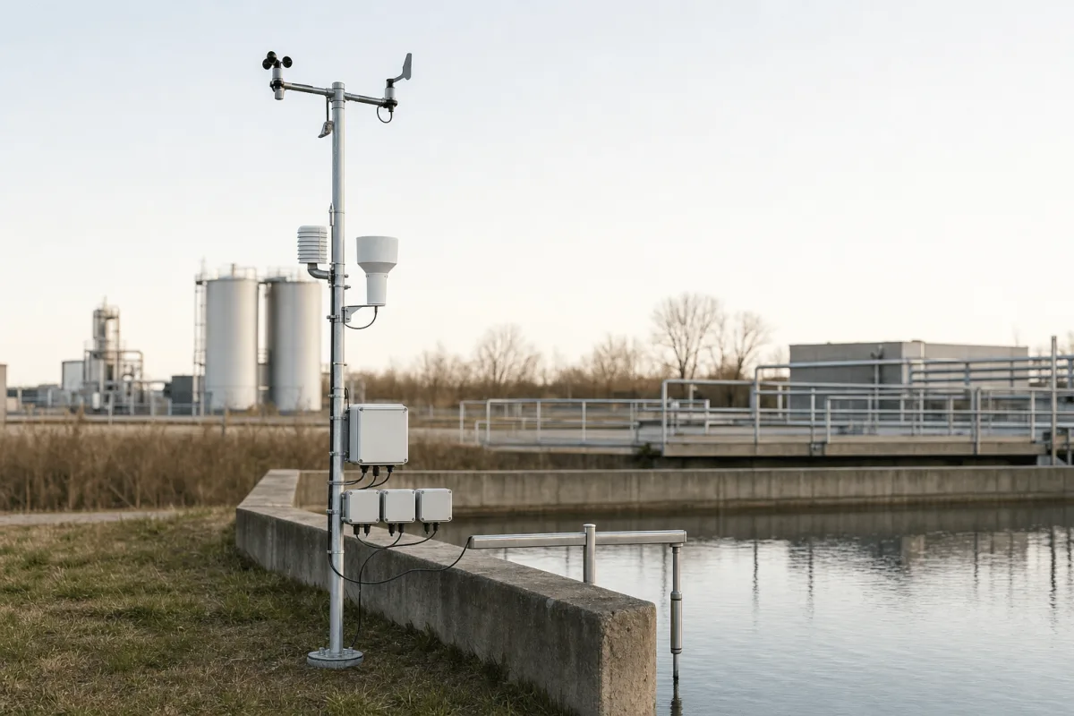 Cumulus weather station connected to three compact Emiko modules and a water-monitoring probe at an industrial basin.