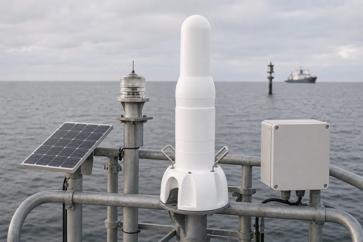 HEKLEO 2 XS integrated with a marine lantern, solar panel and control enclosure on an offshore marking platform.