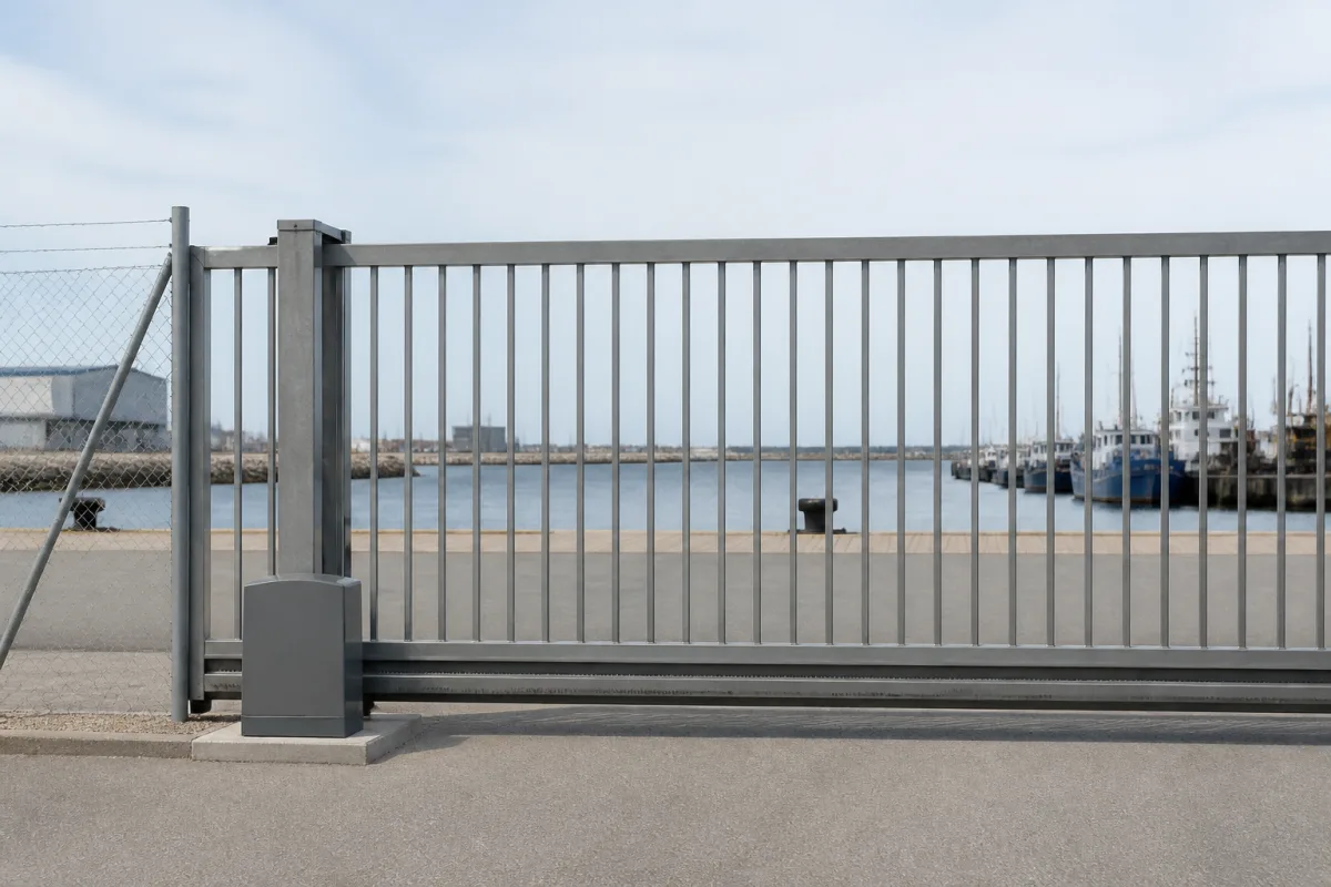 Closed industrial sliding gate at a bright Nordic port with a grey operator housing, harbor road and moored boats beyond.