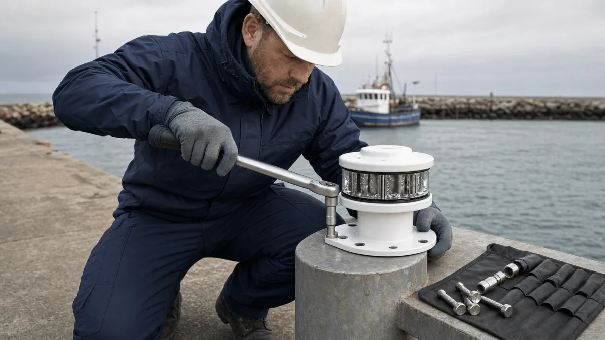 A marine technician tightens the flange of a compact Beacons unit onto a breakwater post with tools beside him.