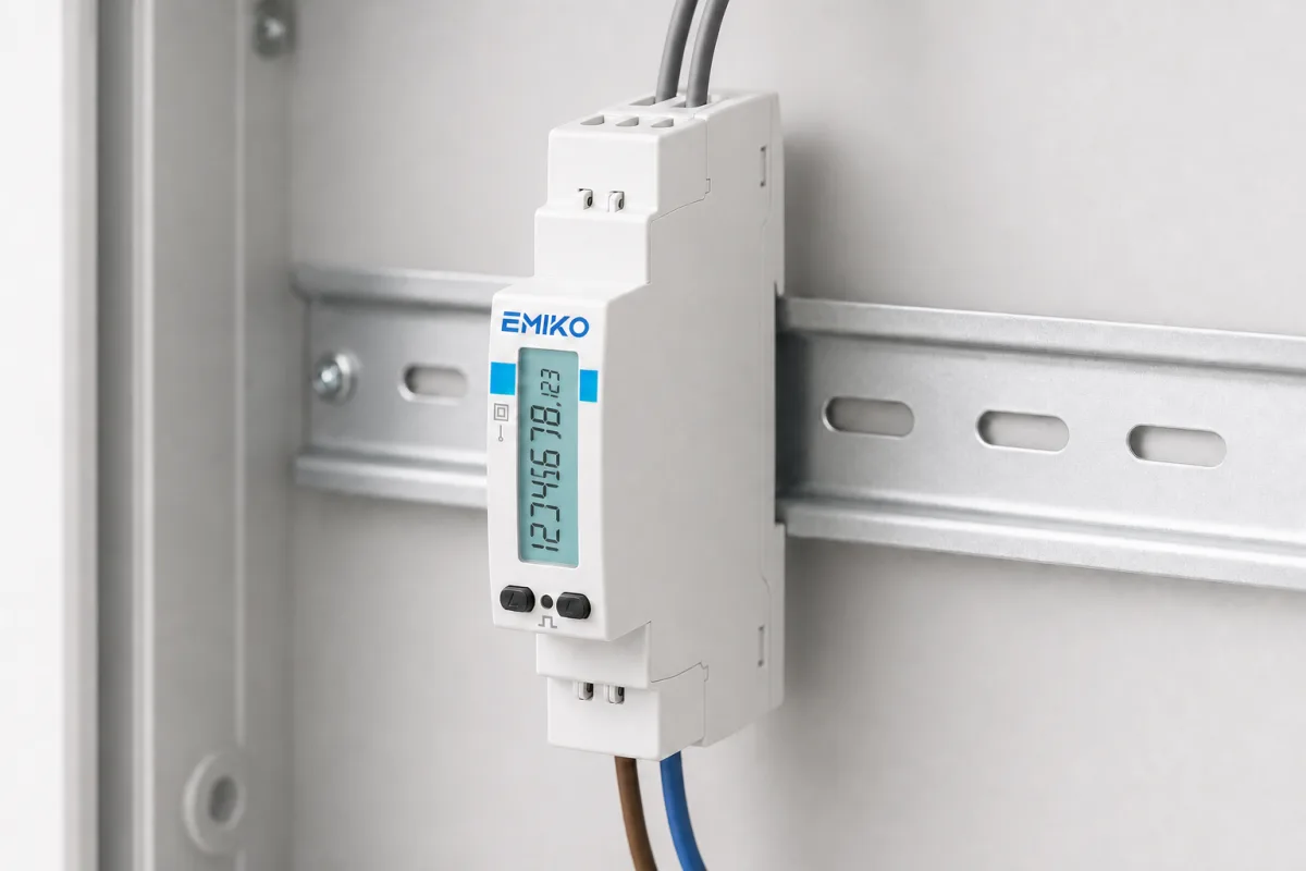 Single compact EMIKO meter shown in a bright three-quarter close-up on a DIN rail.