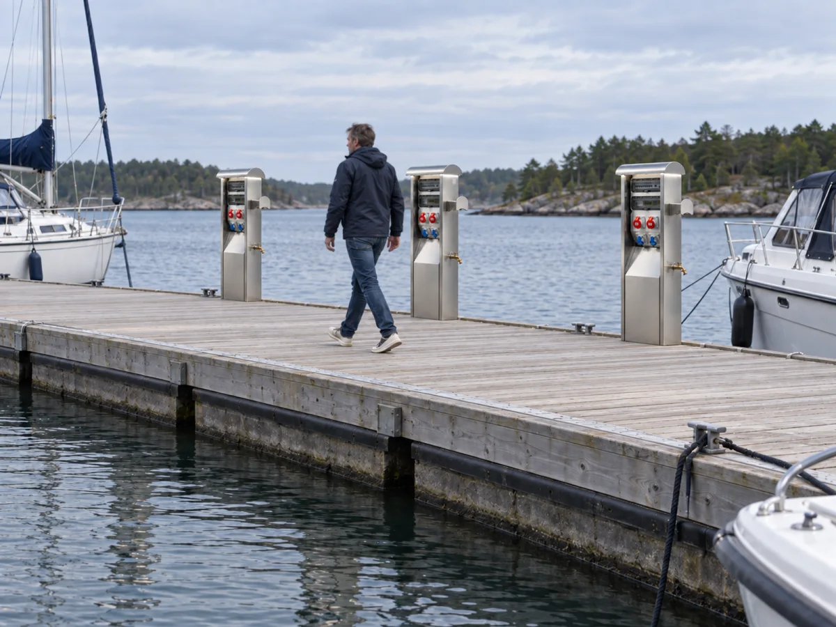 Marinella NEO-standere langs en bro i lystbådehavnen i dagslys, med de røde og blå udtag vendt mod de fortøjede både, mens en gæst går forbi.