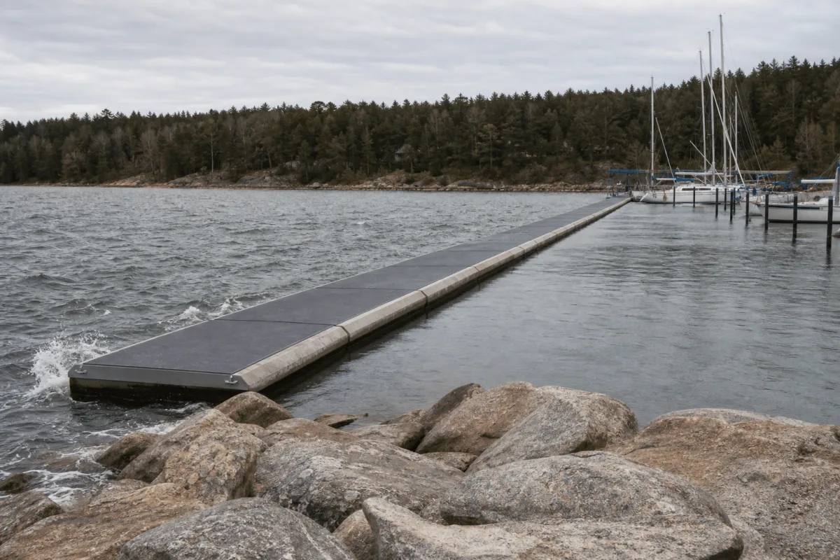 Vikingegaarden floating breakwater seen from shore divides choppy exposed water from calm marina moorings.
