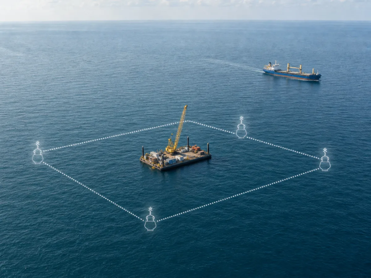 A crane barge works inside a dotted virtual exclusion boundary while a cargo ship keeps its distance outside the line.