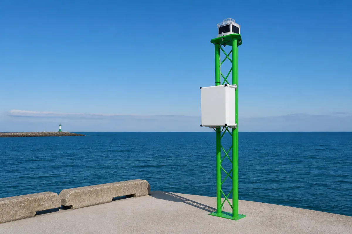 Green PowerGuard lattice mast with its closed white enclosure on a concrete breakwater head, open sea behind.