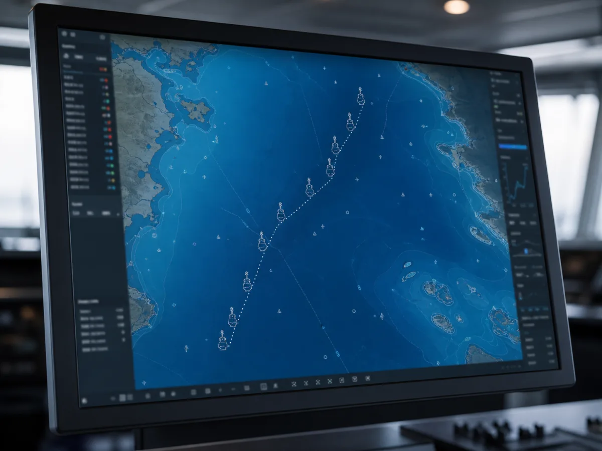 Navigation chart display showing virtual AtoN symbols along a dotted route through coastal waters.