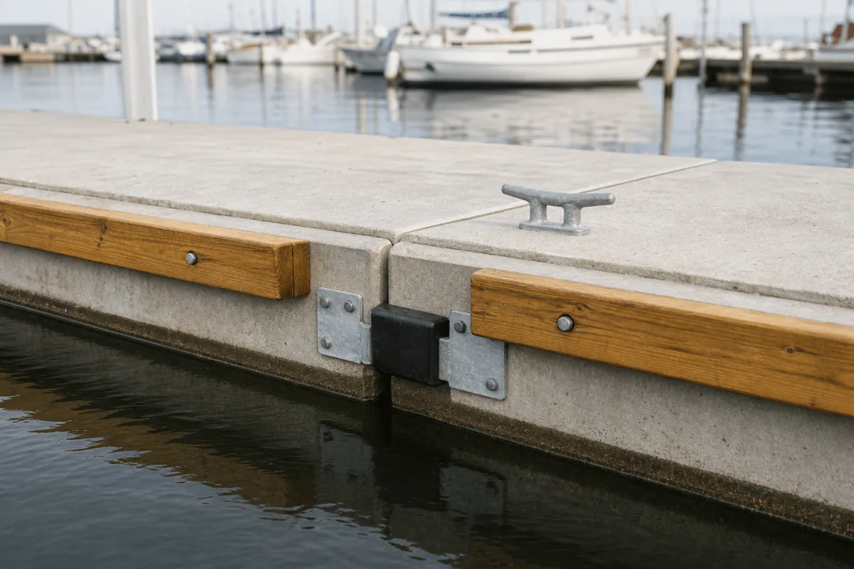 The joint between two Vikingegaarden concrete pontoons is shown with a rubber fender, steel plates and a mooring cleat.