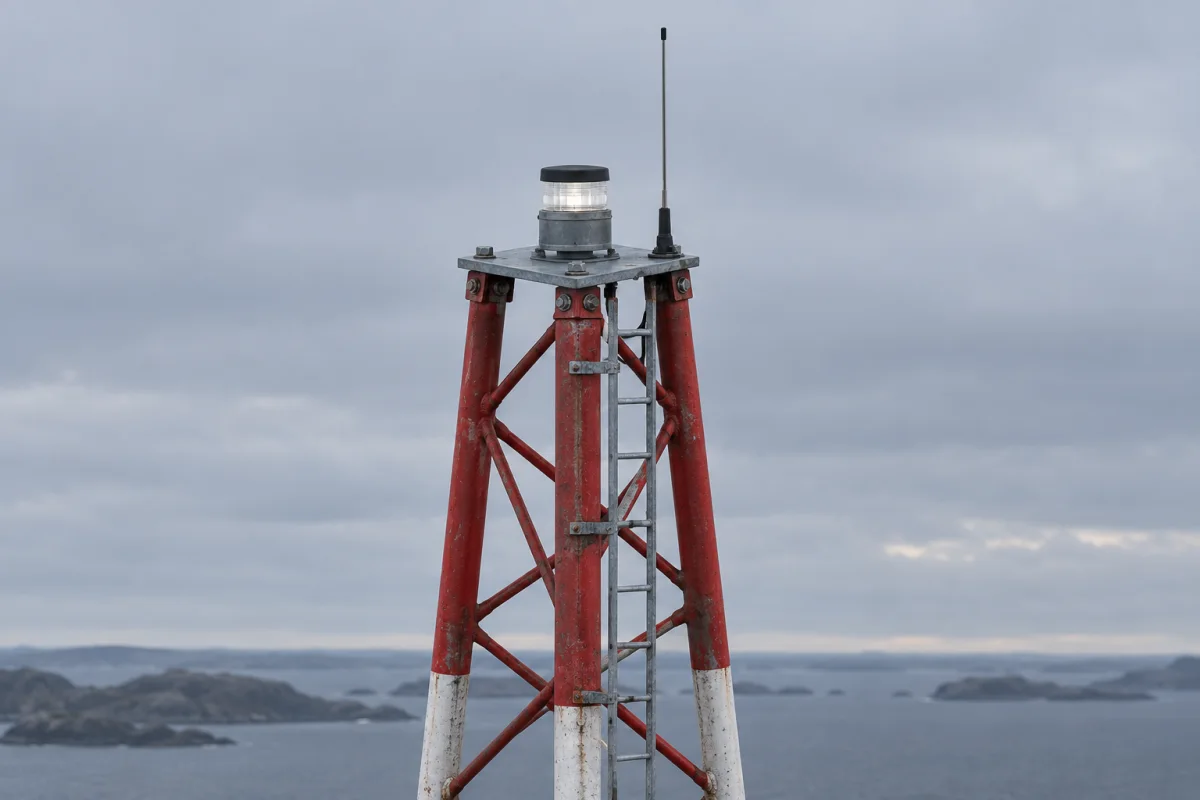 The compact MarineGuard lantern and red lattice mounting are seen close against a grey sky.