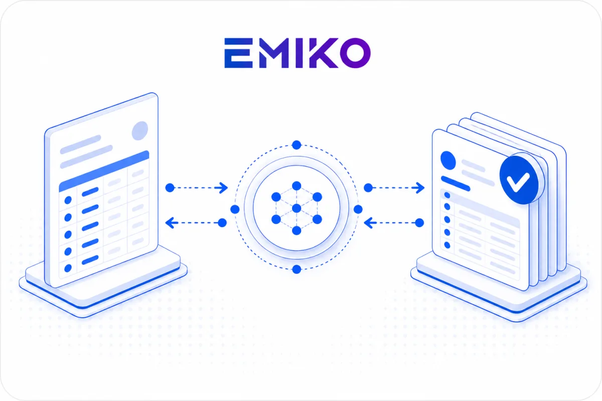 Illustration of a consumption ledger flowing through the EMIKO hub and coming out as a stack of approved invoices.