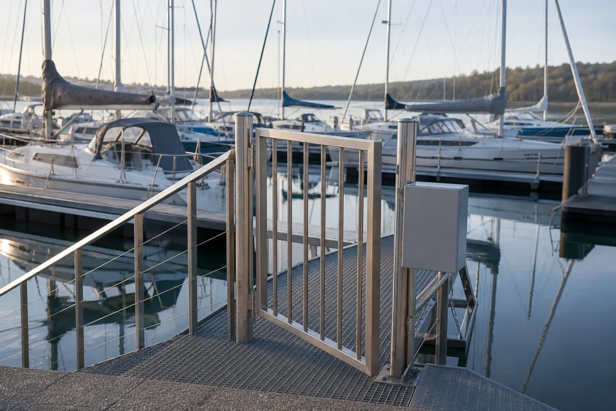 Slightly open pedestrian pontoon gate in soft morning light with quiet sailboats behind.