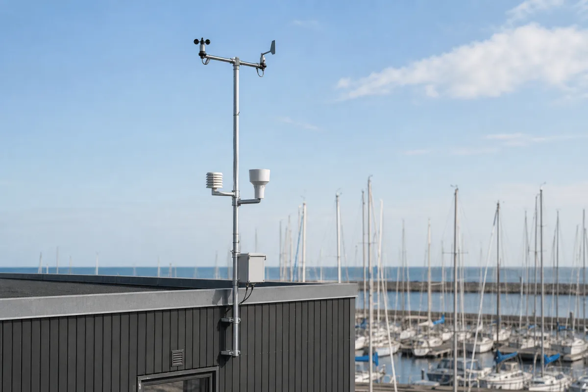 The Cumulus weather station is mounted on a harbor office roof above a marina filled with sailboat masts.