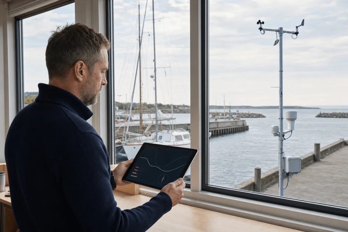A harbor master reviews live wind data on a tablet while the Cumulus weather station operates outside the office window.