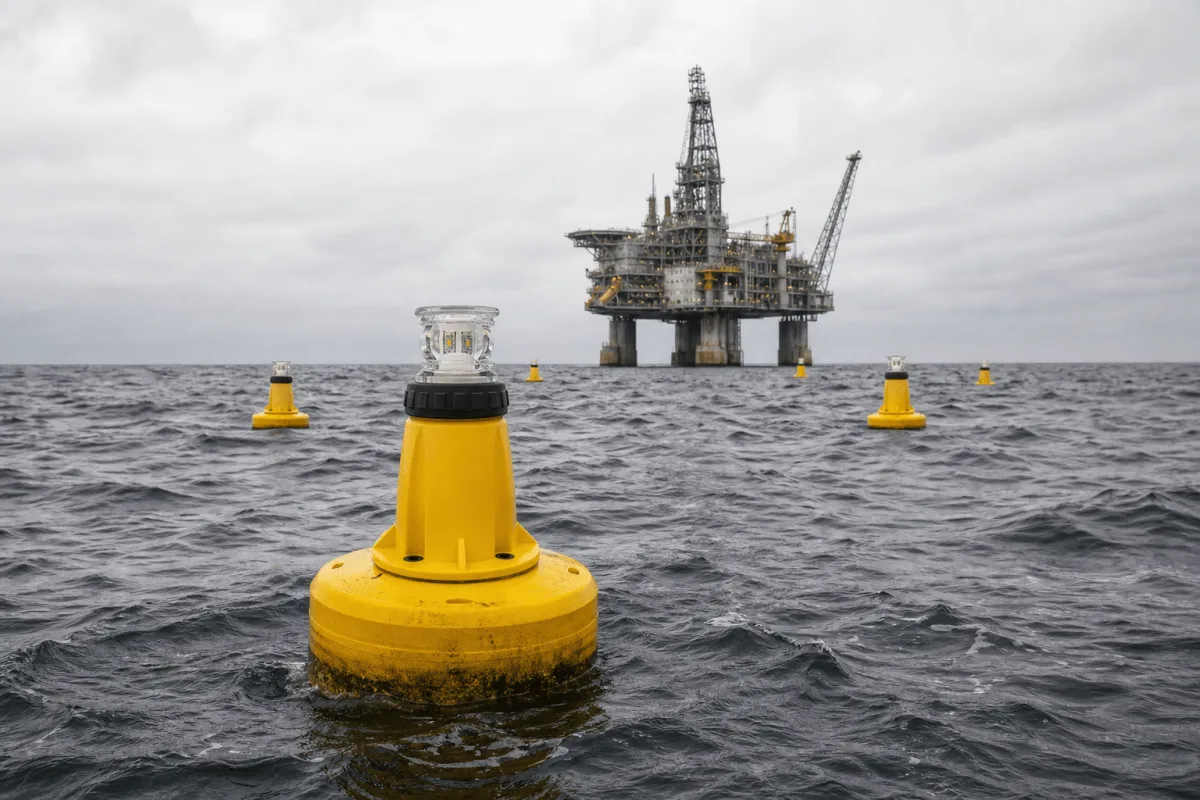 ML 300 markeringslys på gule bøjer, der definerer en eksklusionszone for offshore platforme i oprørt gråt vand.