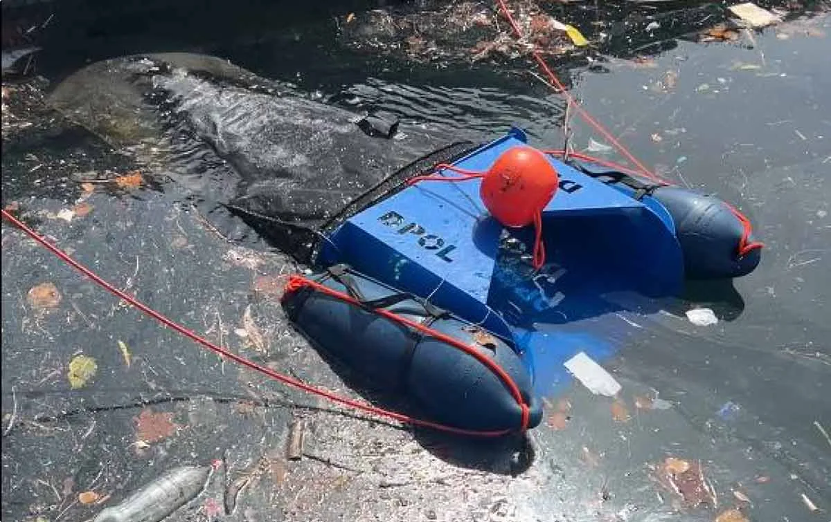 DPOL-robotten samler blade, flasker og flydende affald i et hjørne af havnen.