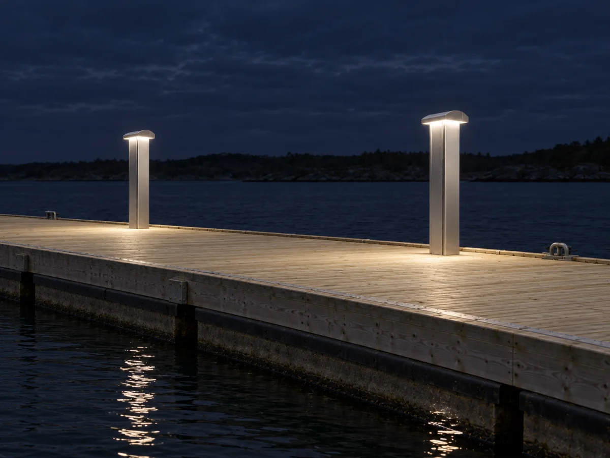 Two Marinella NEO Light bollards after dark, each laying a warm pool of light on the pontoon deck beside the water.