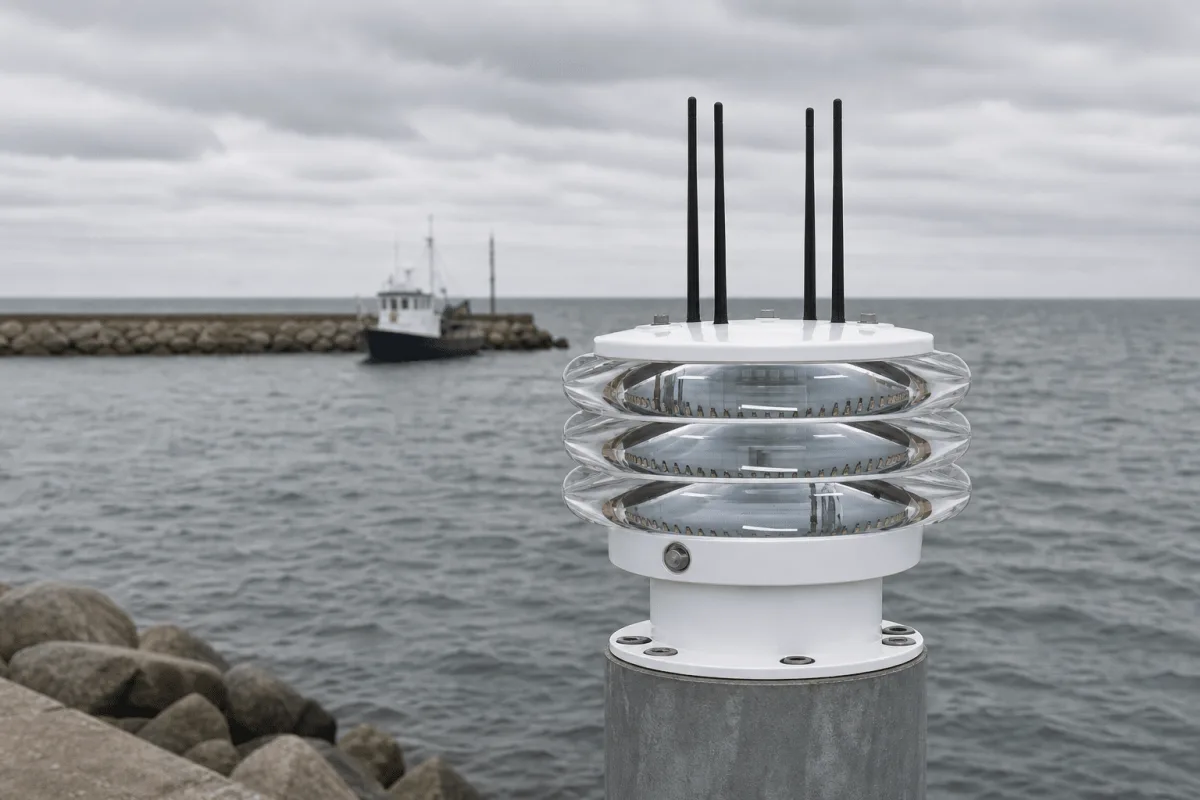 A four-antenna Beacons radar unit is mounted on a galvanised steel post under an overcast harbor sky.