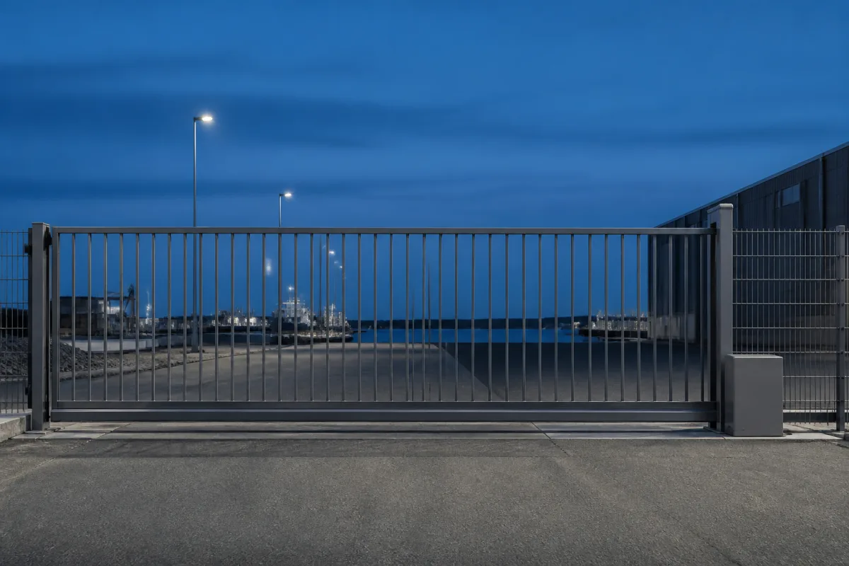 Closed industrial harbor gate at blue hour under restrained cool-white area lighting.