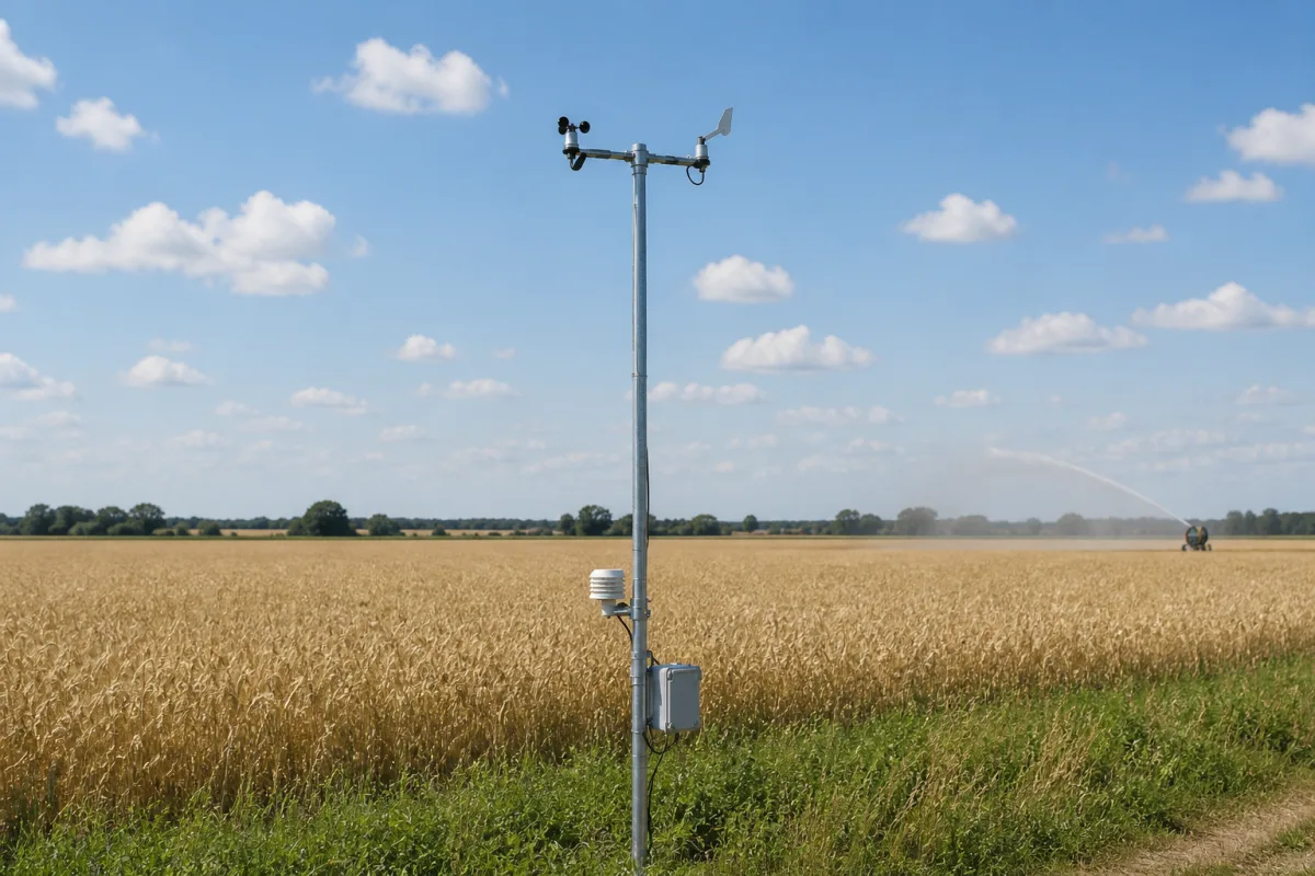 Cumulus vejrstationsmast ved kanten af en moden dansk afgrødemark med en slangevindingsanlæg langt bagved.