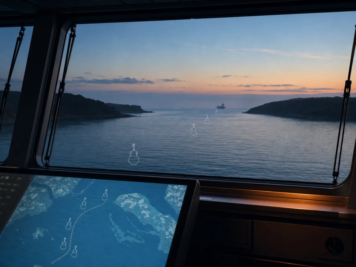 Ship bridge at dusk: the chart display shows the virtual marks that also shimmer as dotted ghosts on the channel ahead.