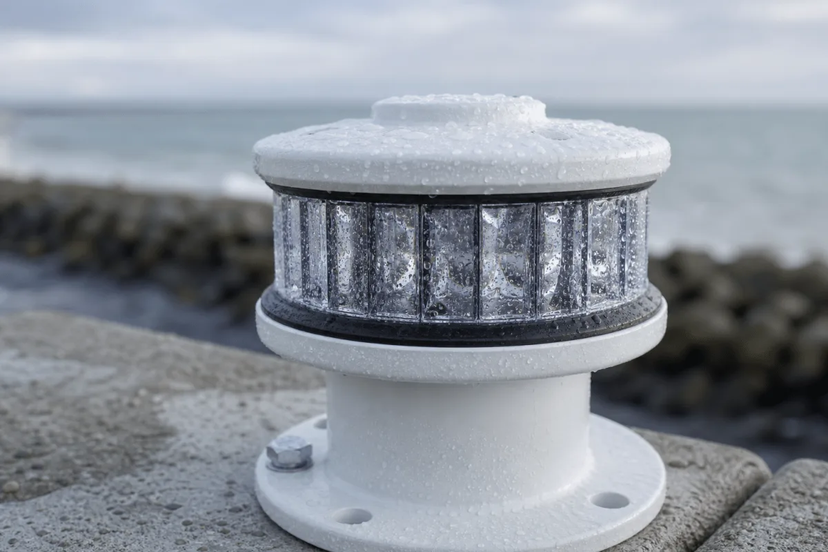 Winter sea spray beads across the ribbed optical housing of a compact Beacons pier light.