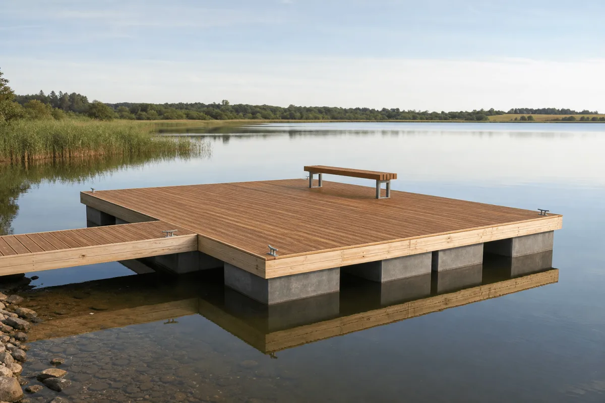 Vikingegaarden wooden and concrete floating pontoons create a broad timber platform with a simple bench on a calm lake.