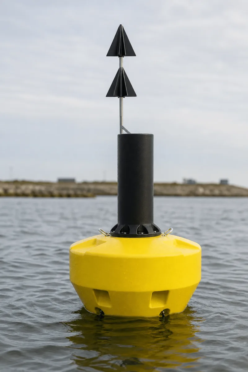 Physical Buoys FLC navigation buoy shown close up with its yellow hull, black tower and double-cone topmark.