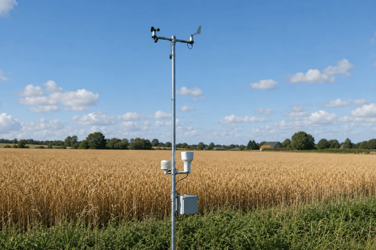 Cumulus Vejrstation måler en let brise ved siden af en moden, gylden kornmark i Danmark.
