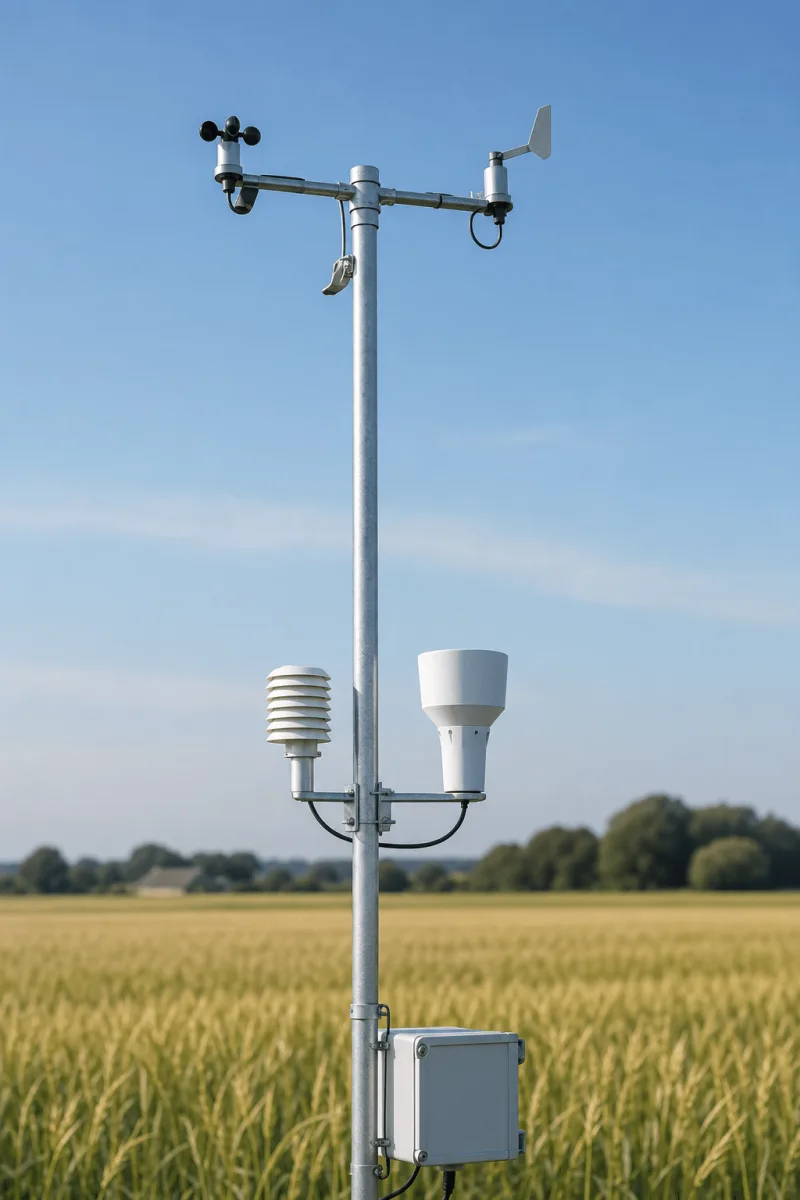 Et tæt portræt af Cumulus vejrstation viser dens kopanemometer, vindfane, strålingsskjold, regnmåler og loggerkabinet.