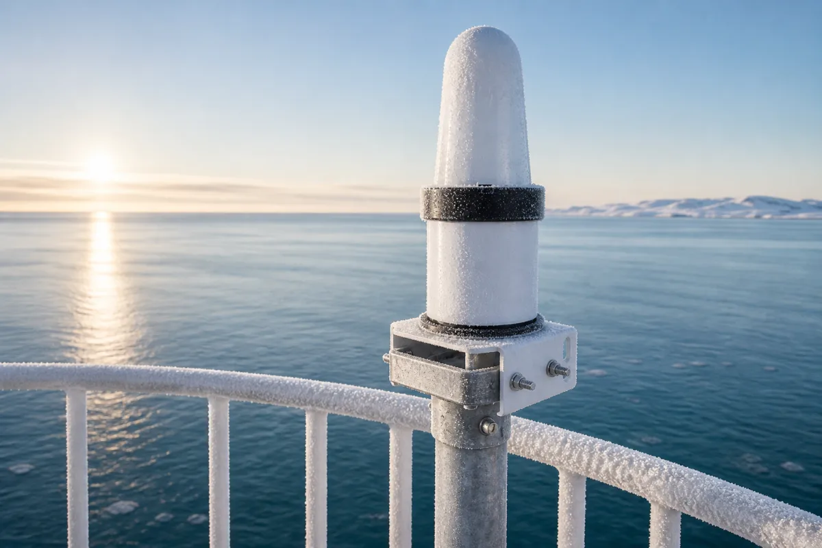 Frost-covered HEKLEO 2 XS racon on its mast bracket above an icy railing in low arctic sun.