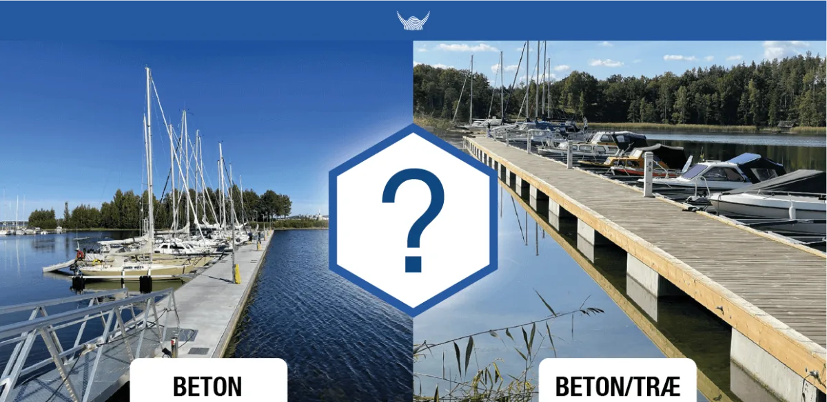 Comparison image showing concrete and timber-deck floating piers at marinas.