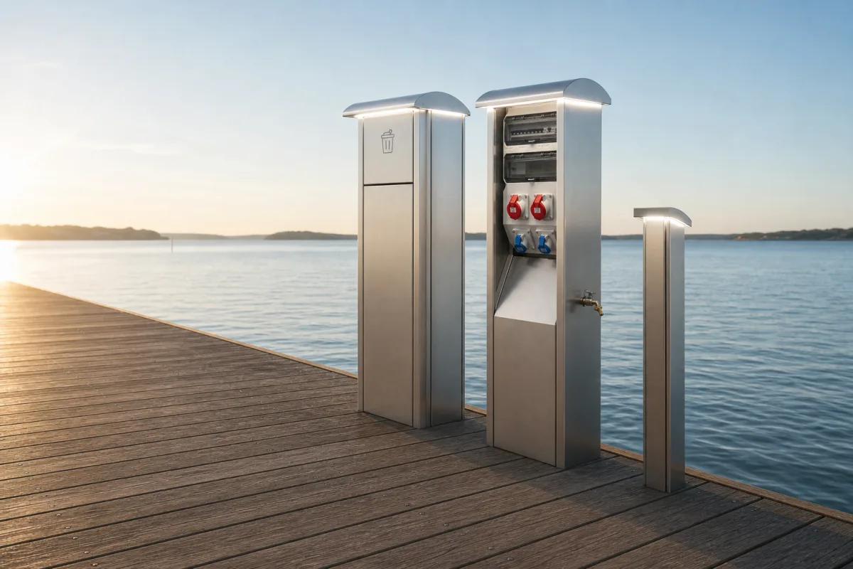 LightBin, NEO Stand and the shorter NEO Light correctly placed at the pontoon edge in morning light.