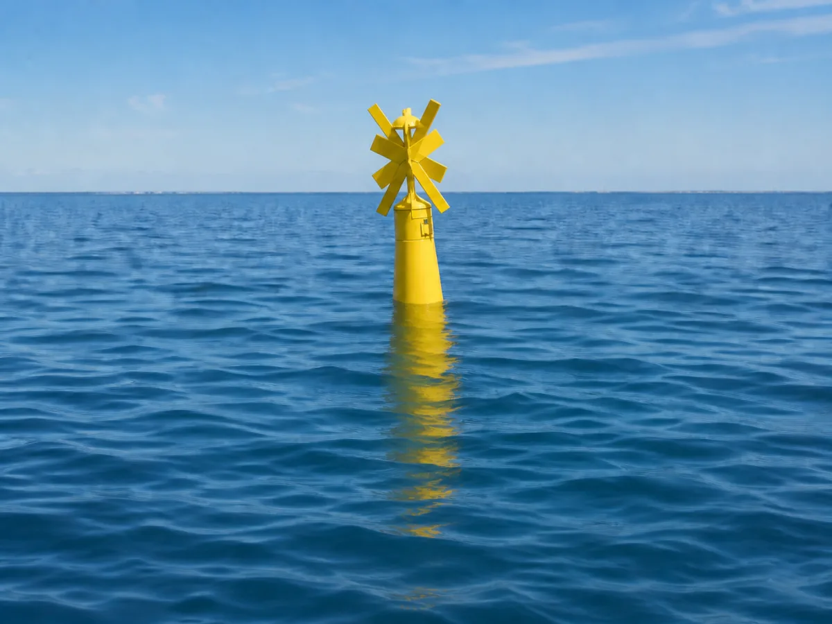 Physical Buoys yellow spar buoy floating upright in open coastal water with its radar reflector topmark above the surface.