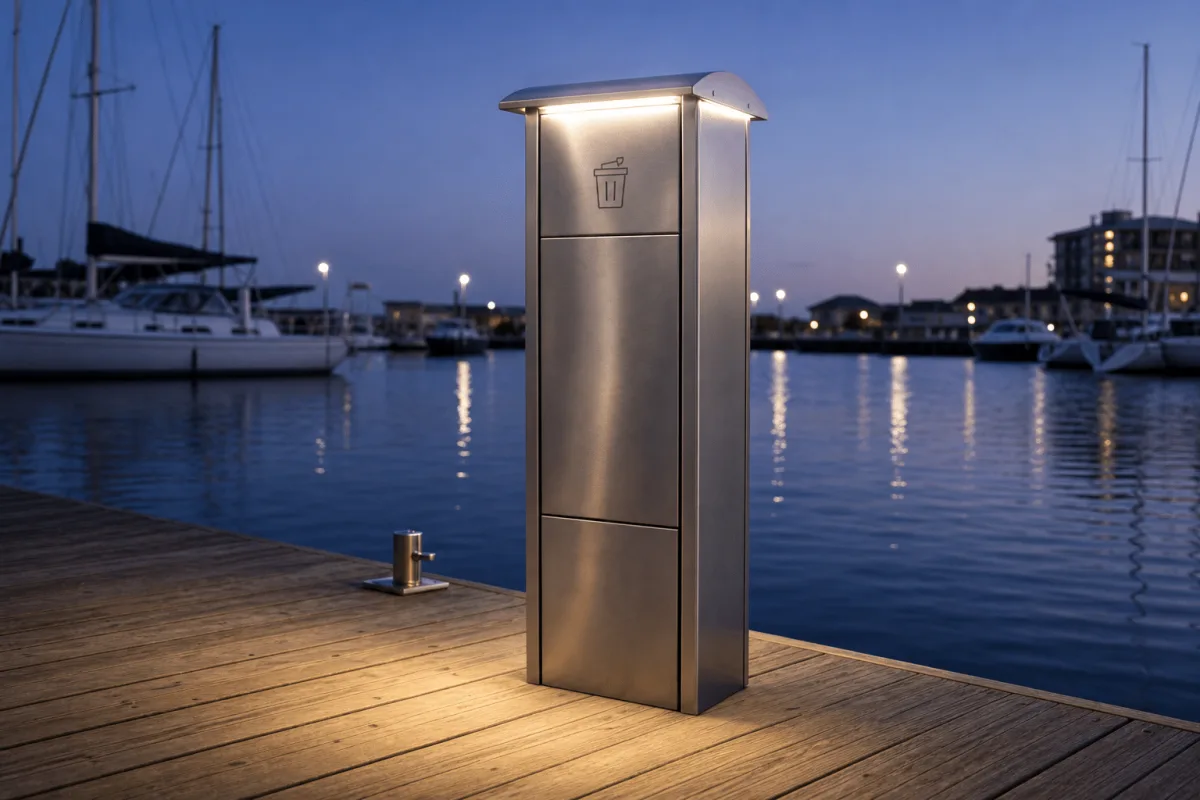 Marinella NEO LightBin glows at dusk as its warm canopy light falls across the marina deck.