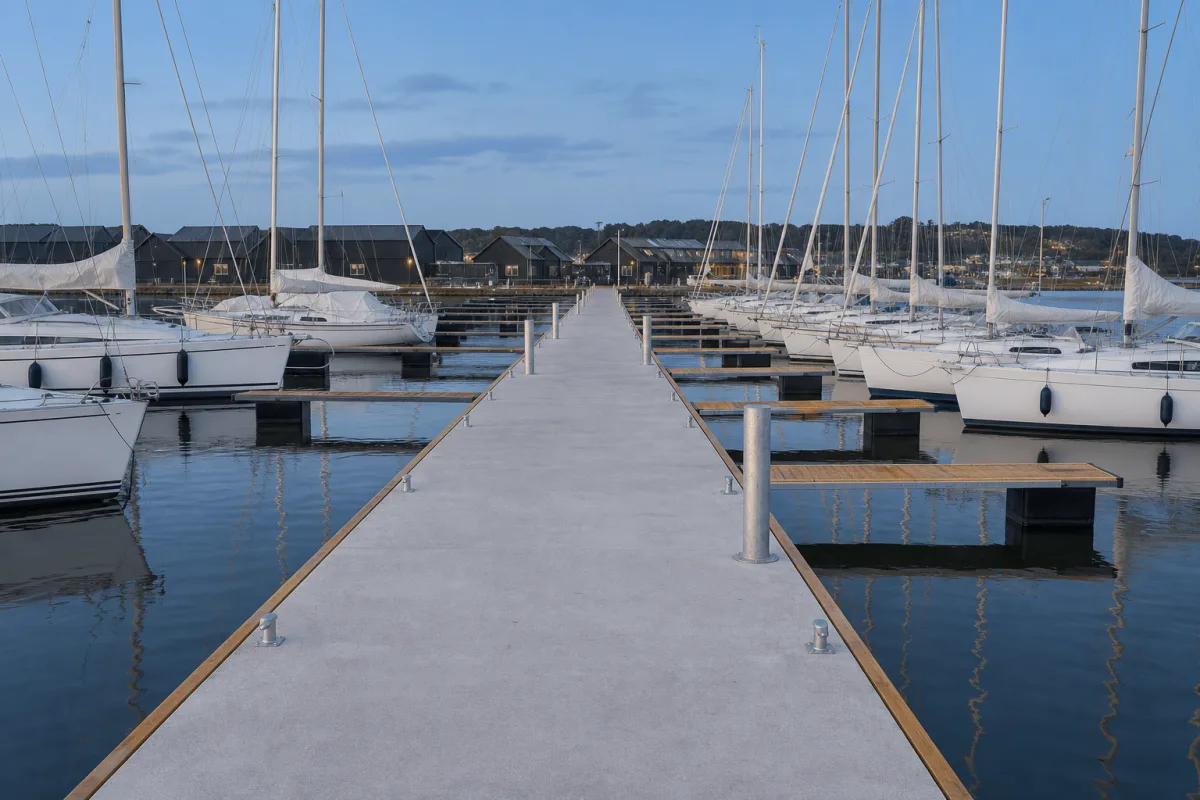 Vikingegaarden concrete pontoons extend between sailing boats on both sides in calm Nordic evening light.
