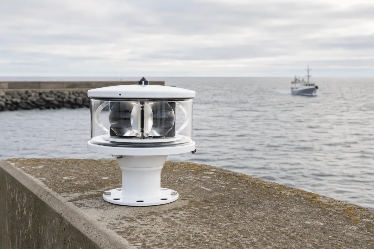 A white Beacons navigation light stands at the end of a concrete pier with the North Sea behind it.