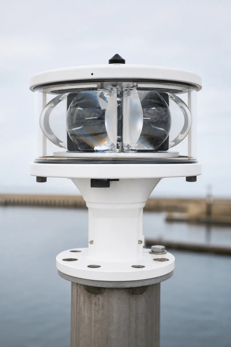 A close low-angle view of the Beacons optical reflectors, clear housing, white cap and mounting flange.