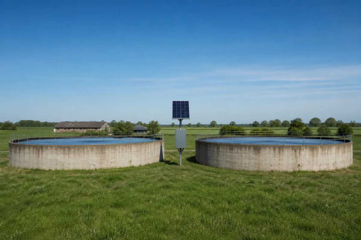 Two round slurry tanks with the FlexGylle cabinet post between them and fields behind.